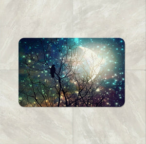 Gothic Bath Mat, Raven, Tree, Crescent Moon Sparkling  Night Sky  Moon Glow  Crow