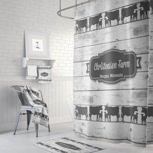 Personalized Cow Shower Curtain Farmhouse Chic Faux Barnwood   Optional Bath Mat Set