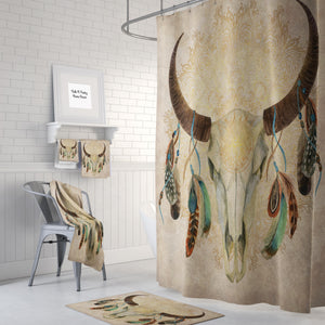 Boho Bull Skull Shower Curtain: Beige Watercolor Bathroom Decor