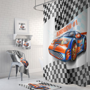 Custom Personalized Race Car Shower Curtain,   Bath Mat , Towels ,  Racing Fan