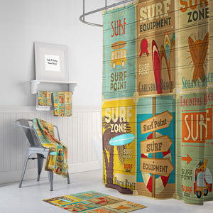 Retro Surfer Beach Theme Shower Curtain: Vintage Surf Art Bathroom Set