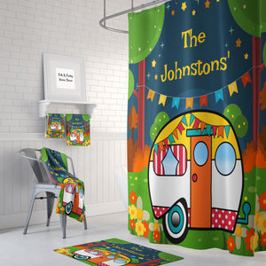 Personalized Shower Curtain  Retro Glam Camping Camper Optional Bath  Mat Bath Towels