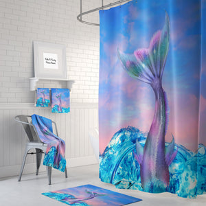 Mermaid Tail Shower Curtain  Bath Mat, Towels, Pastel Ocean Sky
