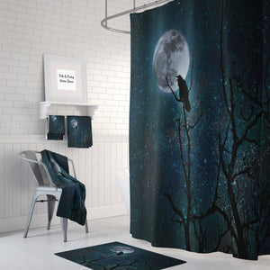 Gothic Raven Shower Curtain – Moonlit Night, Dark Art Bathroom Decor