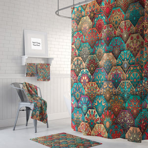 Boho  Shower Curtain Optional Bath, Bath Towels   Mat Bathroom Set, Layered Mandala