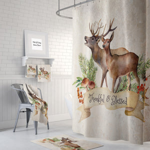 Thankful and Blessed Shower Curtain Woodland Deer ,  Optional Bath  Mat Bathroom