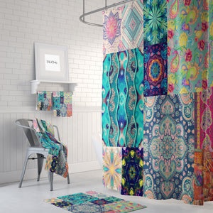 Boho Patterns Patchwork Style  Shower Curtain Optional Bath Mat and Towels