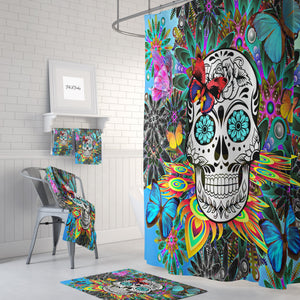 Shower Curtain , Sugar Skull, Skull Day Of The Dead, Bath Mat, Towels,  Colorful Tropical