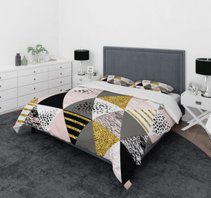 Comforter Set Pink , Gold, Black Geometric Folk and Funky