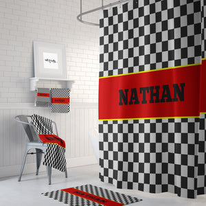Personalized Shower Curtain, Racing Checks, Race Car Bathroom Decor