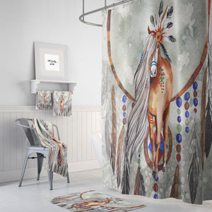Horse Shower Curtain, Boho Southwest, Gray Watercolor , Optional Bath Mat , Bath Towels