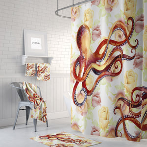 Octopus Shower Curtain, Optional Bath Mat and Towels, Floral Bathroom Decor