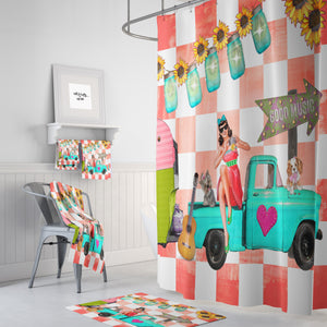 Retro Girl Truck Shower Curtain: Vintage Collage Bathroom Decor