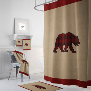 Lumberjack Plaid Bear Shower Curtain, Woodland Lodge Home Decor