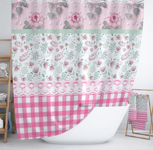 Granny Chic Shower Curtain, Pink Floral and Gingham, Bathroom Set