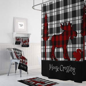 Rustic Plaid Moose Shower Curtain, Buffalo Plaid, Optional Bathroom Set