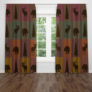 Woodland Animals Window Curtain, Bear and Moose Curtain Panels, Lodge Decor