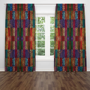Faux Patchwork Window Curtain, Boho Curtain Panels, Colorful Drapes
