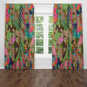 Boho Floral Patchwork Window Curtains: Maximalist Decor, Set of 2
