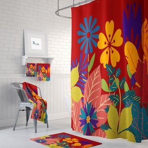 Red Floral Shower Curtain, Bold Floral Maximalist Bathroom Decor