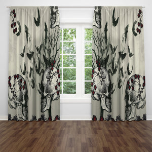 Gothic Skull Window Curtains, Curtain Panels With Bats, Skulls and Roses