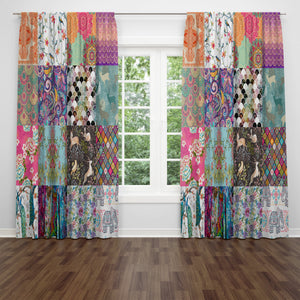 Boho Window Curtains, Faux Patchwork Curtain Panels