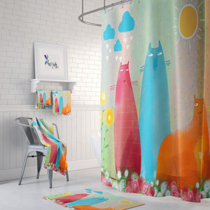 Flossie's Cats  Shower Curtain, Optional Towel and Bath Mat, FolkNFunky Bathroom Decor