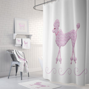 Retro Pink Poodle  Shower Curtain,  Bath Mat, Towels, Black and White Options