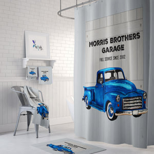 Personalized Vintage Blue Truck Shower Curtain, Garage Mechanic Theme