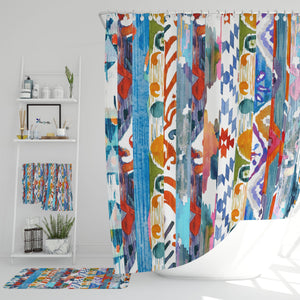 Watercolor Batik Boho Shower Curtain , Optional Bath Mat, Towels