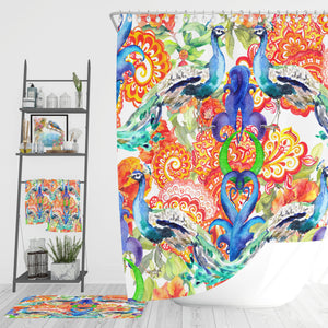 Eclectic Peacock Shower Curtain, Bath Mat, Towel Options