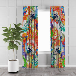 Eclectic Peacock Watercolor Window Curtains Options Sheer, Semi Sheer, Lined, Blackout, Valances, Many Sizes