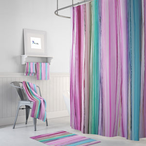 Watercolor Boho Stripes Shower Curtain, Bath Mat, Towel Options