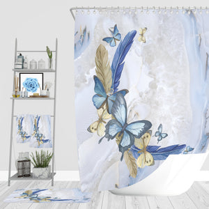Boho Butterfly Bathroom Decor, Blue Shower Curtain, Bath Towels, Bath Mat, Hand Towel Options
