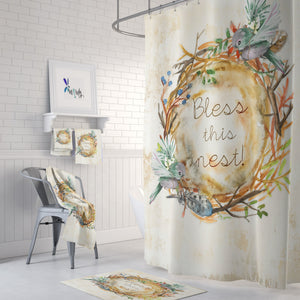 Bless This Nest Farmhouse Shower Curtain and Bath Mat Towel Options Bird Bathroom Decor