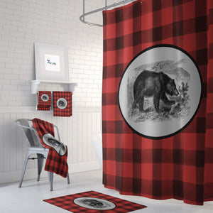 Rustic Plaid Bear Shower Curtain Optional Bathroom Set, Red Buffalo Plaid