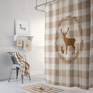 Woodland Plaid Shower Curtain , Optional Bathroom Set, Buffalo Checks with Deer and Rabbit