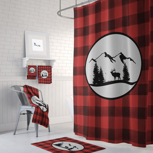 Rustic Plaid Moose Shower Curtain , Optional Bathroom Set, Buffalo Plaid