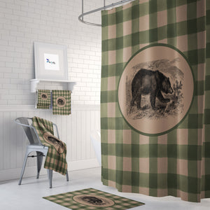 Rustic Plaid Bear Shower Curtain Optional Bathroom Set, Green Buffalo Plaid