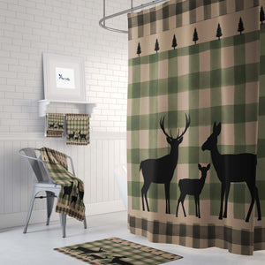 Rustic Plaid Deer Shower Curtain Optional Bathroom Set, Green Buffalo Plaid