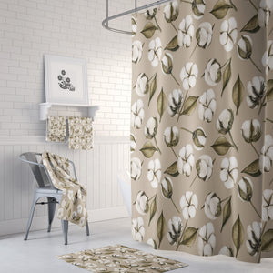 Cotton Boll Farmhouse Shower Curtain, Optional Towels and Bath Mat