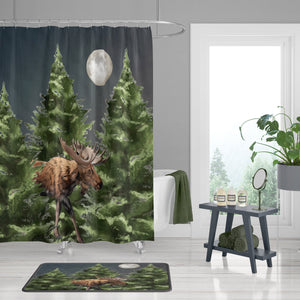 Moose and Pine Shower Curtain, Rustic Lodge Bathroom Decor