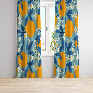 Kitsch Oranges Window Curtains Blue and Orange Fruit Curtains
