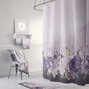 Lavender Floral Shower Curtain Optional Towels and Mat Purple Bathroom Set