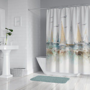 Coastal Shower Curtain with Set Options Watercolor Sailboats