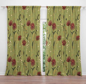 Retro Green Poppy Floral  Window Curtains