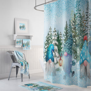 Snowy Gnomes Shower Curtain Set in Teal Blue, Christmas Bathroom Decor