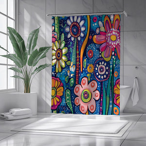 Vibrant Floral Shower Curtain – Deep Blue Boho Bloom for Artistic & Maximalist Bathrooms