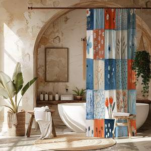 Botanical Patchwork Shower Curtain – Artistic Floral Print for Boho & Modern Bathrooms