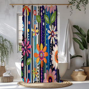 Whimsical Stripe & Floral Shower Curtain – Playful Color Pop for Eclectic Bathroom Style